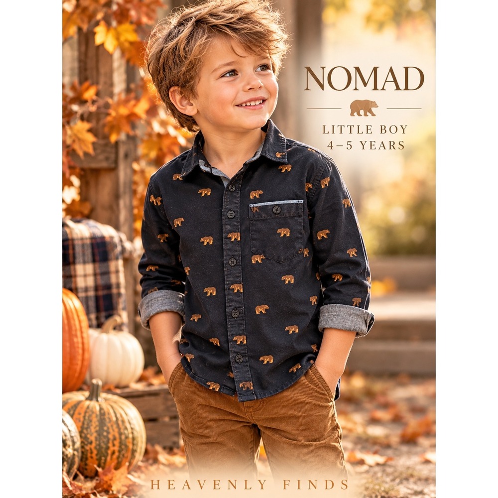Nomad Boys 4-5 Navy Bear Print Cotton Button Down Long Sleeve Shirt Fall Autumn